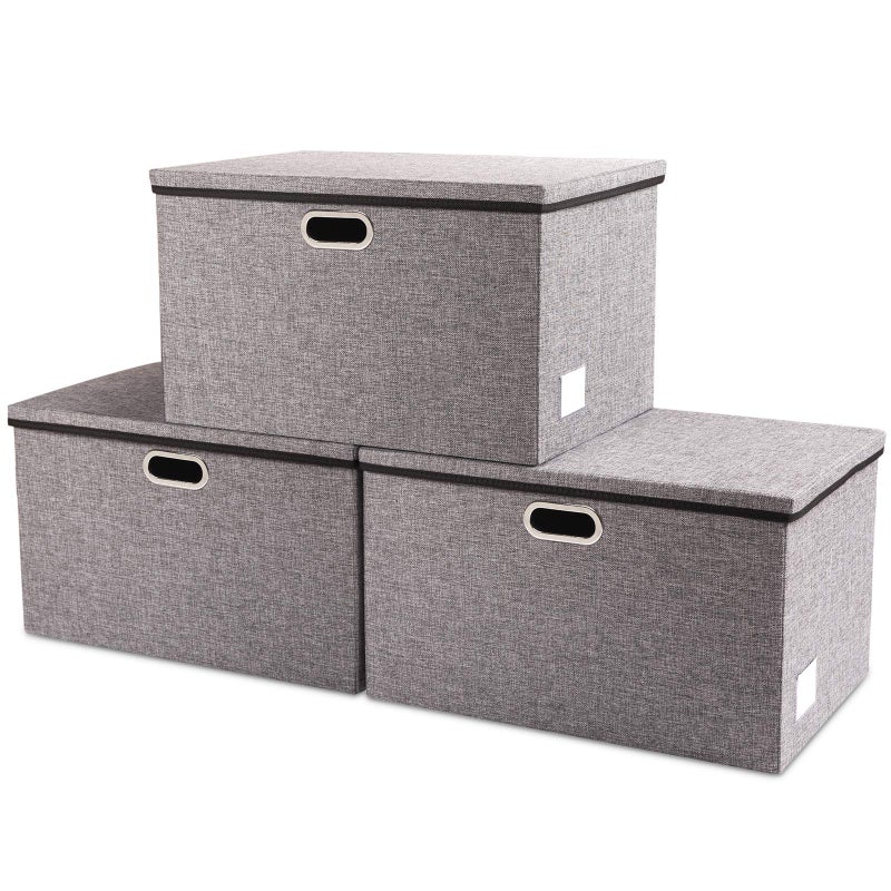 PRANDOM Extra Large Collapsible Storage Bins with Lids [3-Pack] Linen Fabric Foldable Storage Baskets Boxes Organizer Containers Cube with Cover for Bedroom Closet Office Nursery (22.8x15.75x13.8) - Image 1